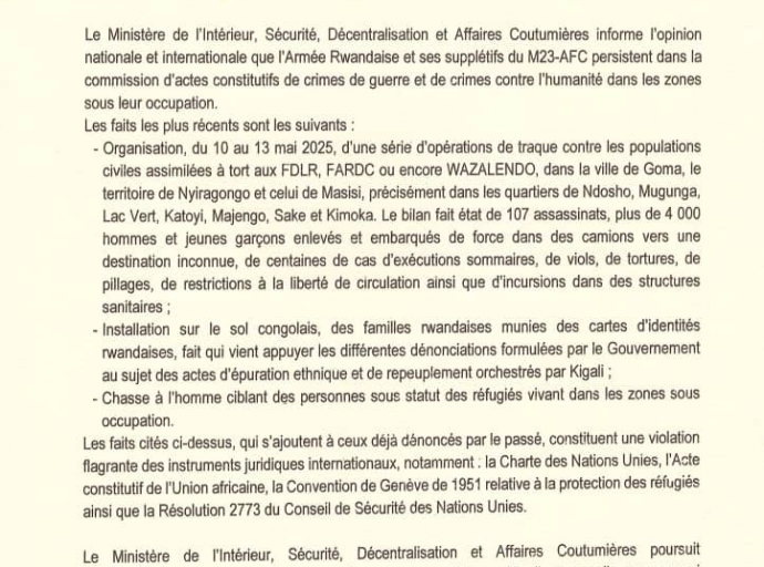 AGRESSION RWANDAISE: 107 MORTS ET 4000 ENLEVES, KINSHASA ACCUSE KIGALI DE CRIMES CONTRE L'HUMANITÉ